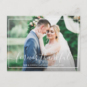 forever thankful white script wedding postcard