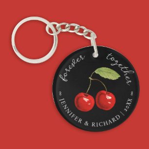Forever Together Pretty Black Red Cherries Couple Key Ring