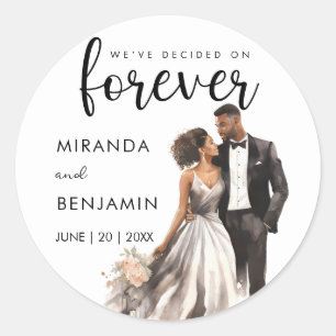 Forever Wedding Black Bride Groom Watercolor Classic Round Sticker