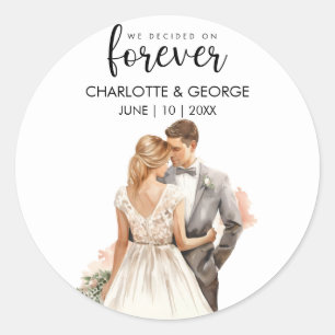 Forever Wedding Bride Groom Back Watercolor  Classic Round Sticker