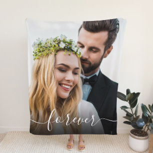 Forever White Script Photo Overlay Wedding Fleece Blanket
