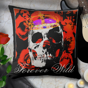 Forever Wild Gothic Skull Red Roses Cushion