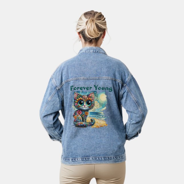 Forever Young Whimsical Floral Kitty Cat Painting  Denim Jacket (Model)