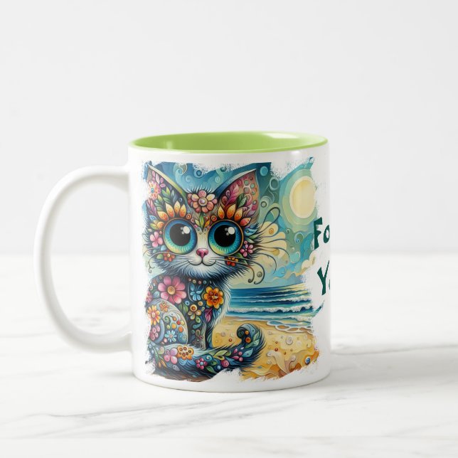 Forever Young Whimsical Floral Kitty Cat Painting  Two-Tone Coffee Mug (Left)
