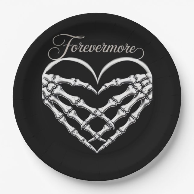Forevermore Skeleton Hands Heart Gothic Romance Paper Plate (Front)