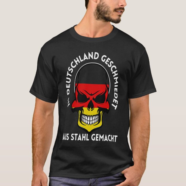 Forged Made Germany German Flag Skull Steelworker T-Shirt (Front)