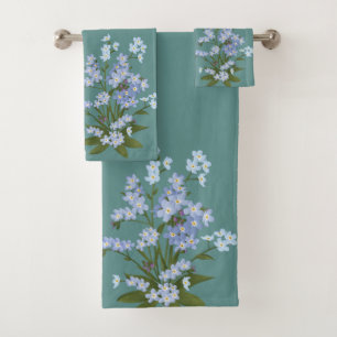 Forget-me-not and Foliage on Teal Background Bath Towel Set