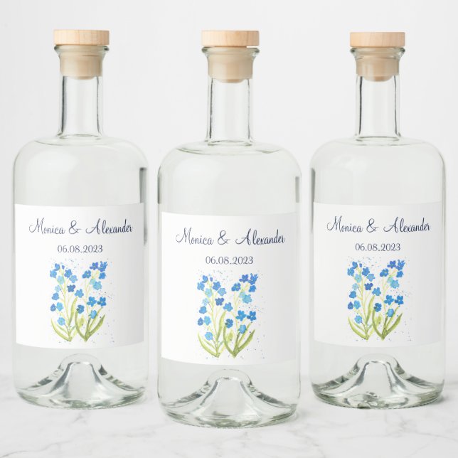 Forget me not Blue Floral Spring Wedding Liquor Bottle Label (Bottles)