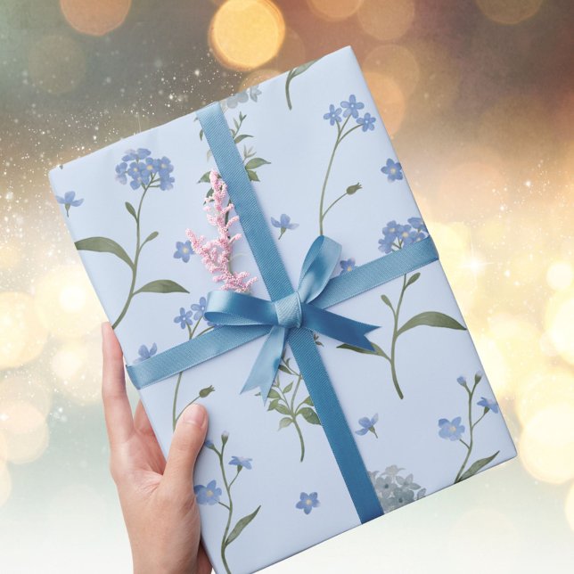 Forget Me Not Blue Floral Watercolor Flower Wrapping Paper (In situ)