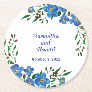 Forget me not Blue Floral Watercolor Wedding Round Paper Coaster