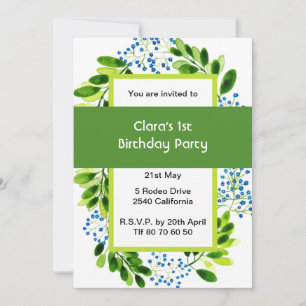 Forget-me-not blue flower 1st Birthday Green Party Invitation