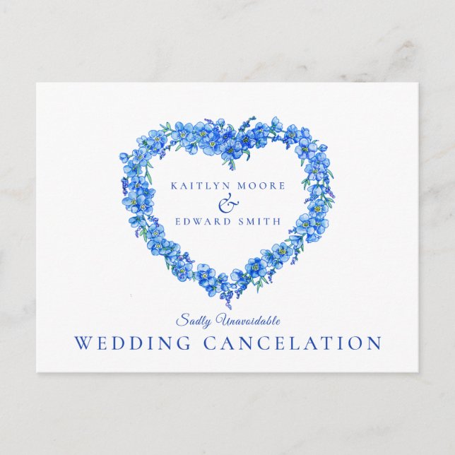 Forget-me-not blue heart wreath wedding cancelled announcement postcard (Front)