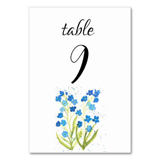 Forget me not Blue Spring Floral Flowers Wedding Table Number (Front)