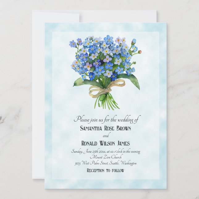 Forget me not bouquet on blue background wedding invitation (Front)