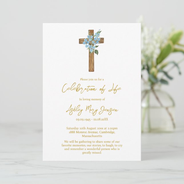 Forget me not Cross Celebration of Life Funeral Invitation (Standing Front)