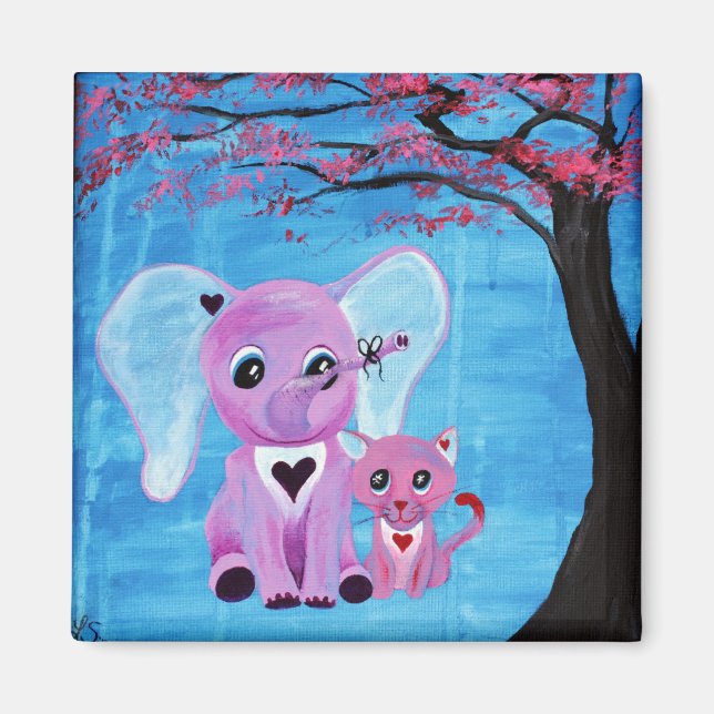 Forget Me Not Cute Elephant Cat Cherry Blossom Art Magnet (Front)