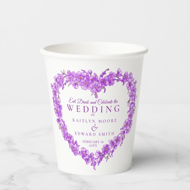 Forget me not flowers heart purple wedding paper cups (Front)