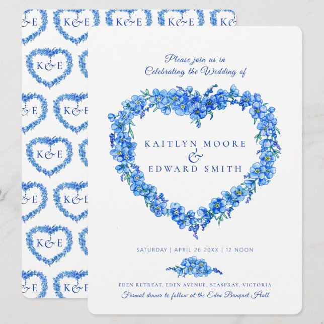 Forget-me-not heart art wedding blue white invitation (Front/Back)