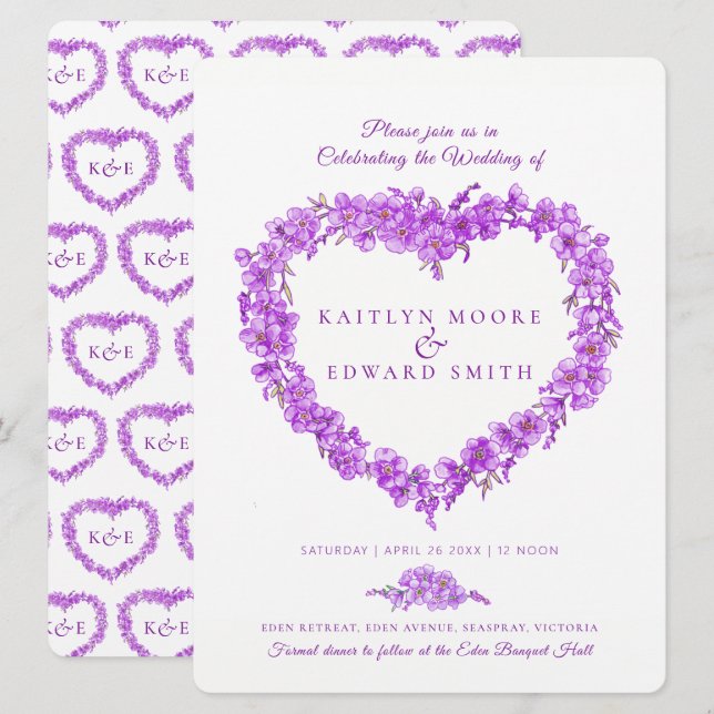 Forget-me-not heart art wedding purple white invitation (Front/Back)