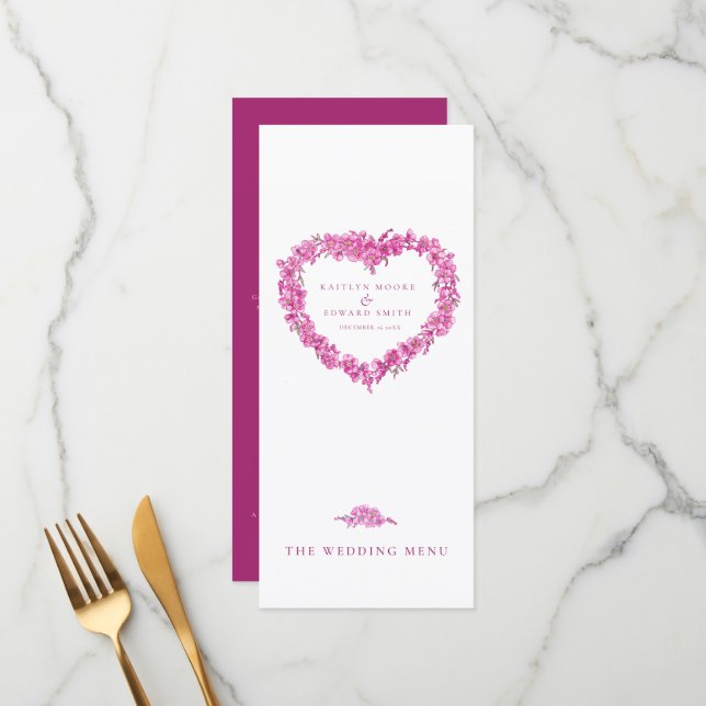 Forget-me-not heart pink white wedding menus (Front/Back In Situ)