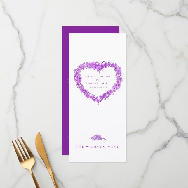 Forget-me-not heart purple white wedding menus (Front/Back In Situ)