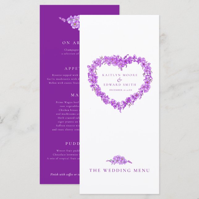 Forget-me-not heart purple white wedding menus (Front/Back)