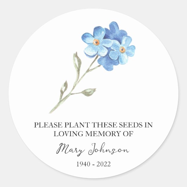 Forget me not Memorial Funeral Seed Packet Classic Round Sticker (Front)