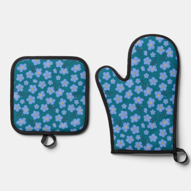 Forget me not pattern oven mitt & pot holder set (Front)