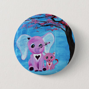 Forget Me Not Pink Elephant Cat Cherry Blossom Art 6 Cm Round Badge