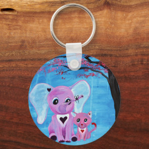 Forget Me Not Pink Elephant Cat Cherry Blossom Art Key Ring