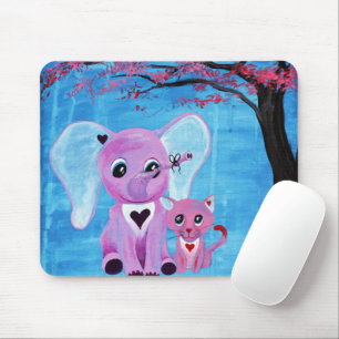 Forget Me Not Pink Elephant Cat Cherry Blossom Art Mouse Mat