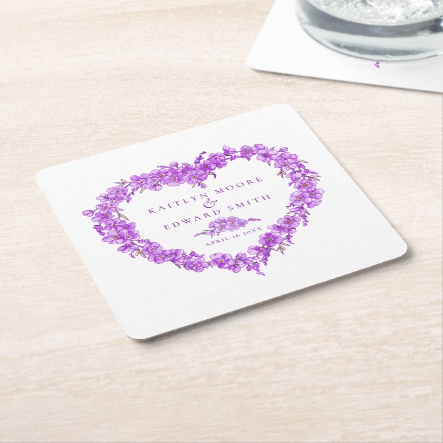 Forget-me-not purple flower heart wreath wedding square paper coaster (Angled)