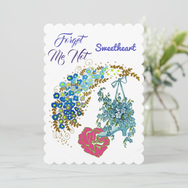 Forget Me Not Sweetheart Romantic Pink Rose Floral Holiday Card (Standing Front)