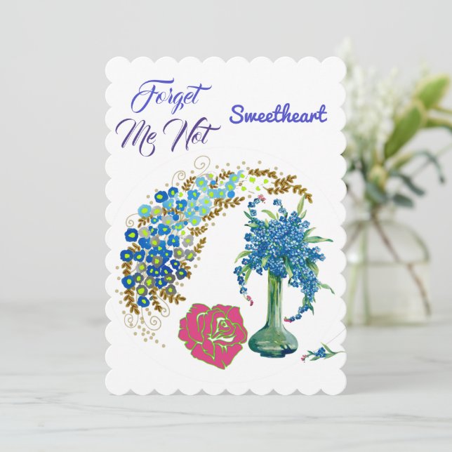Forget Me Not Sweetheart Romantic Rose Floral Vase Holiday Card (Standing Front)