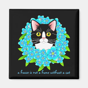 Forget Me Not Tuxedo Cat Cute and Colourful Floral Magnet