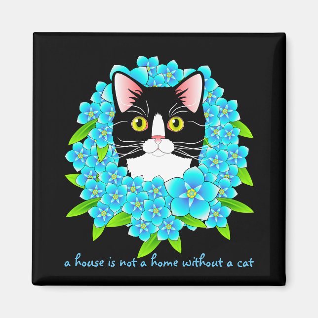 Forget Me Not Tuxedo Cat Cute and Colourful Floral Magnet (Front)