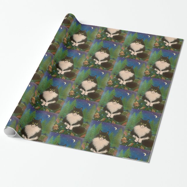 Forget Me Not Tuxedo cat Wrapping Paper (Unrolled)