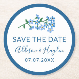 Forget Me Not Twig Save the Date Round Paper Coaster