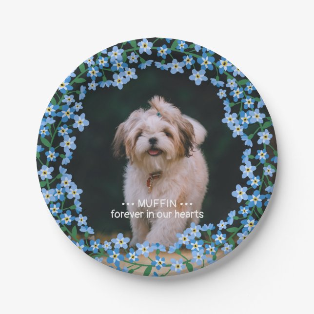 Forget Me Not Wreath Photo Name Pet Memorial Paper Plate (Front)