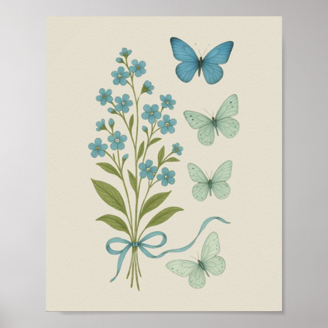 Forget-Me-Nots and Blue Butterflies - Botanical Poster (Front)