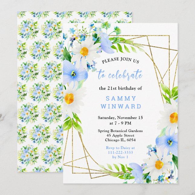 Forget Me Nots and Daisies Birthday Invitation (Front/Back)
