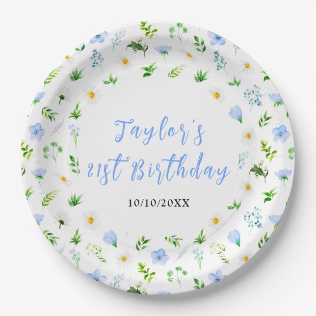 Forget-Me-Nots and Daisies Floral Birthday Paper Plate (Front)