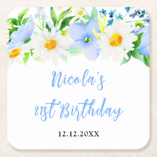 Forget-Me-Nots and Daisies Floral Birthday Square Paper Coaster