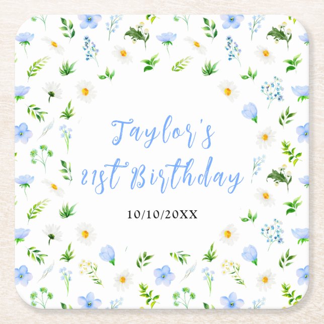 Forget-Me-Nots and Daisies Floral Birthday Square Paper Coaster (Front)