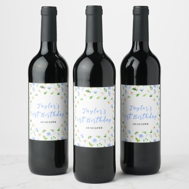 Forget-Me-Nots and Daisies Floral Birthday Wine Label (Bottles)