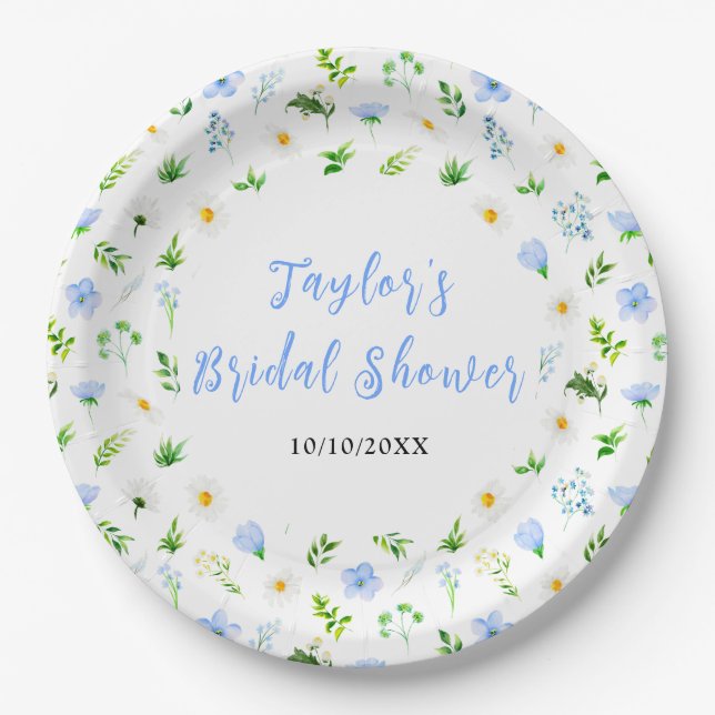 Forget-Me-Nots and Daisies Floral Bridal Shower Paper Plate (Front)