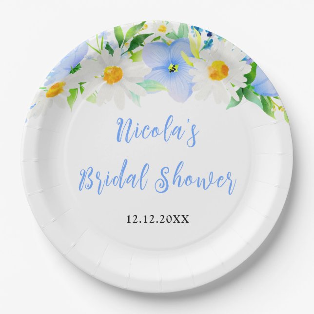 Forget-Me-Nots and Daisies Floral Bridal Shower Paper Plate (Front)