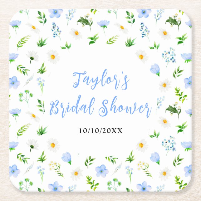 Forget-Me-Nots and Daisies Floral Bridal Shower Square Paper Coaster (Front)