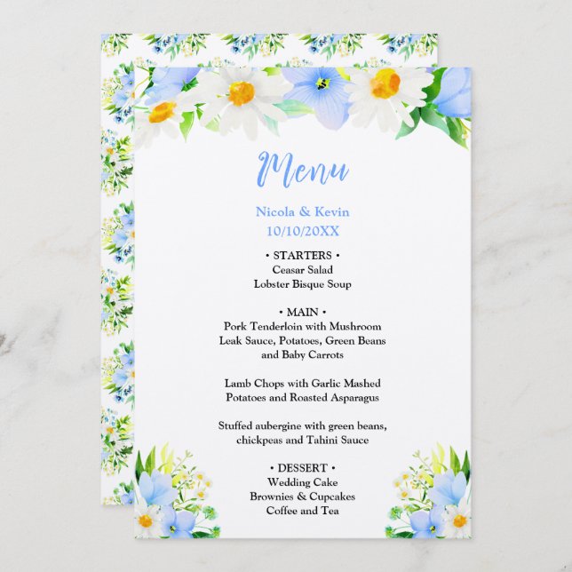 Forget-Me-Nots and Daisies Floral Wedding Menu (Front/Back)