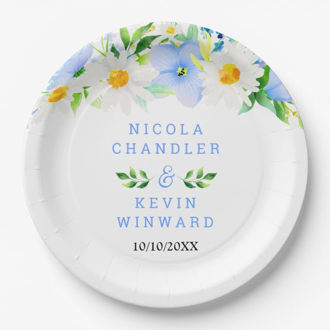 Forget-Me-Nots and Daisies Floral Wedding Paper Plate (Front)